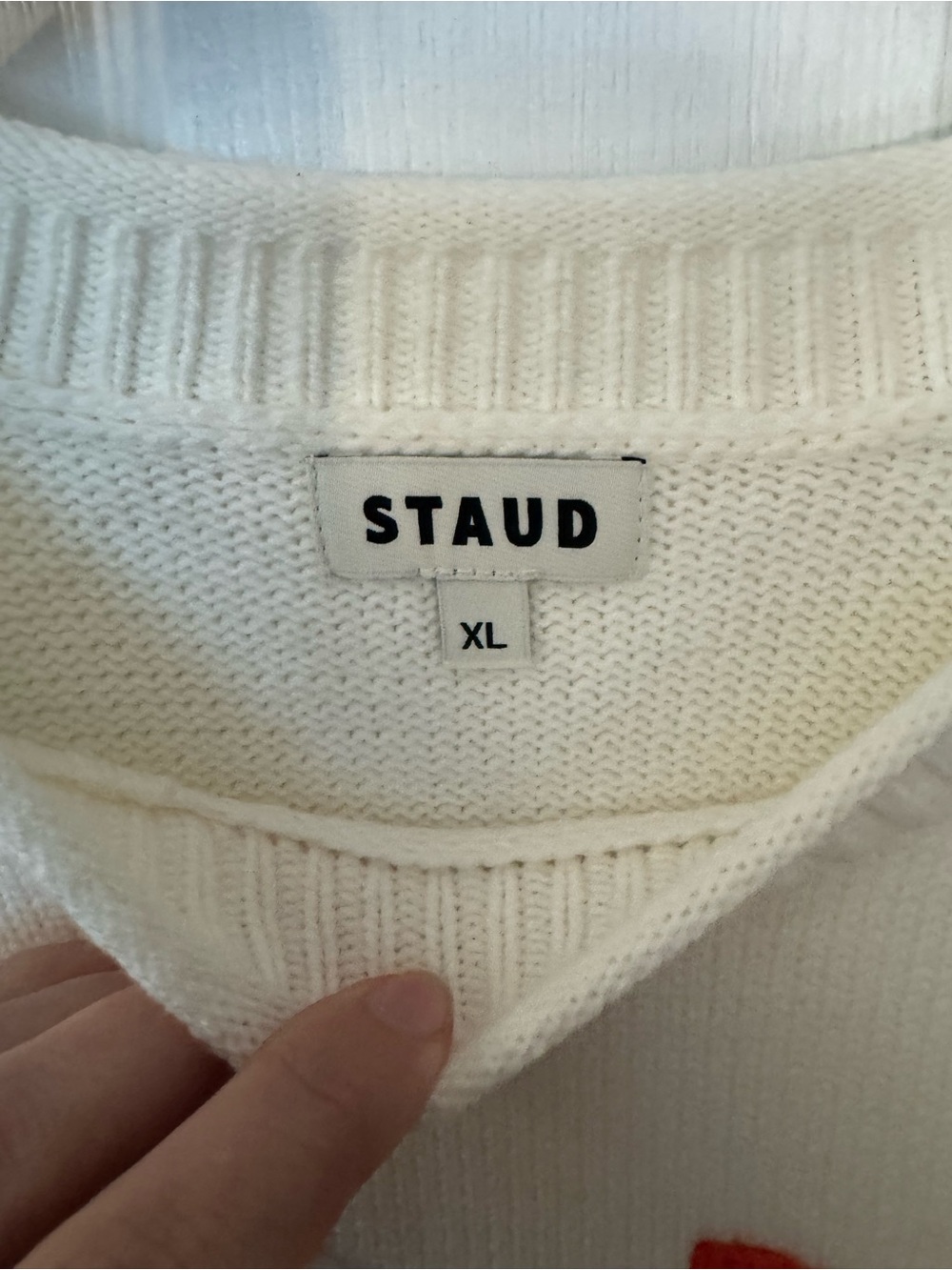 NWT XL STAUD White Knit Crewneck Sweater with Red & Blue Accent - Picture 3 of 8